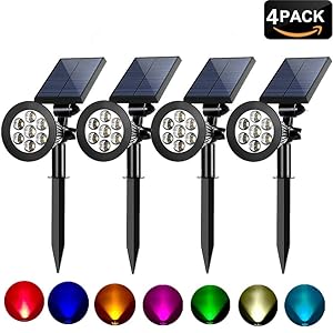 MEIO Colored Solar Spotlight, 7 LED Adjustable Landscape Lighting, Waterproof Wall Light Solar Lights Outdoor with Auto On/Off for Garden Decorations (Changing Color & Fixed Color)(4 Pack)