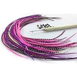 Feather Hair Extensions – 20 Real Rooster Feathers in Pink & Purple Mix, Ranging from 8 to 11 Inches, Includes Beads and Loop Tool Kit