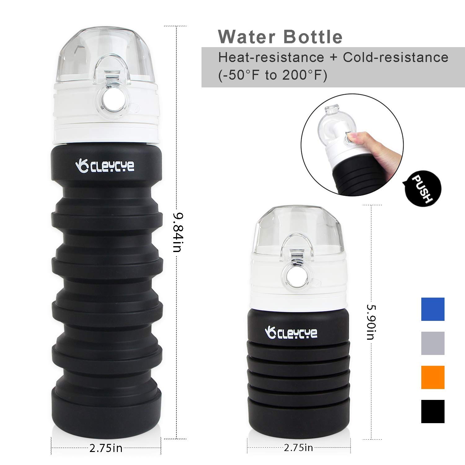 CLEYCYE Collapsible Water Bottle Portable - BPA Free Silicone Foldable Water Bottle for Travel, Sports, Outdoor and Gym, 18 oz Leakproof Lightweight Water Bottle with Carabiner for Kids/Adult, Black