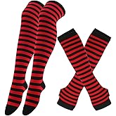 Eforcase Womens Striped Thigh High Socks Over Knee High Socks Leg Arm Warmer Long Fingerless Gloves Set for Christmas