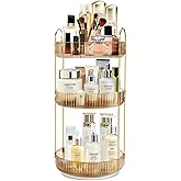 Fzebys 360 Rotating Makeup Organizer for Vanity,3 Tier Large Capacity Skincare Organizers,Bathroom Counter Organizer, transparent Spinning Perfume Organizer & Vanity Organizer (Gold-3 Tier)
