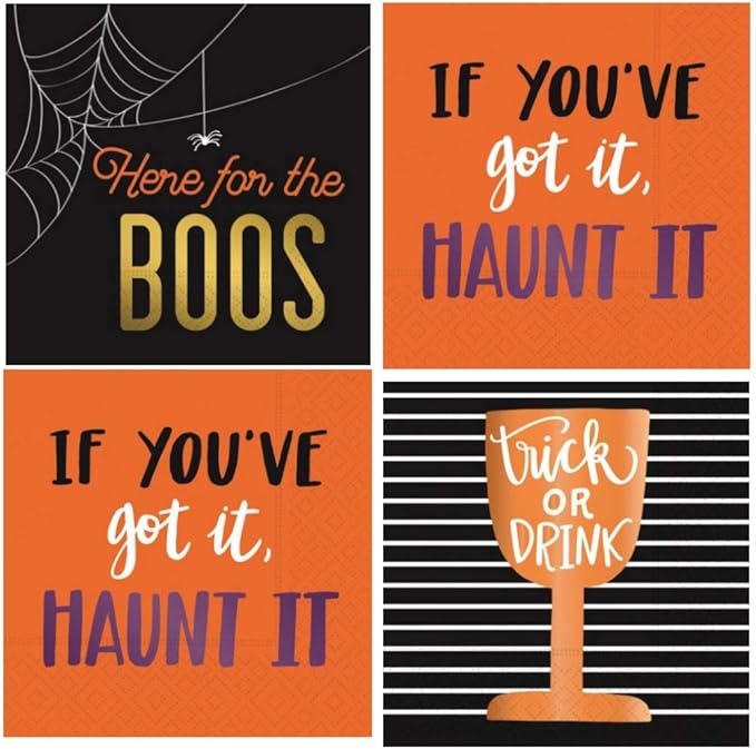 Funny Halloween Cocktail Napkins Gold Foil Stamped Assorted Variety Pack 48 total