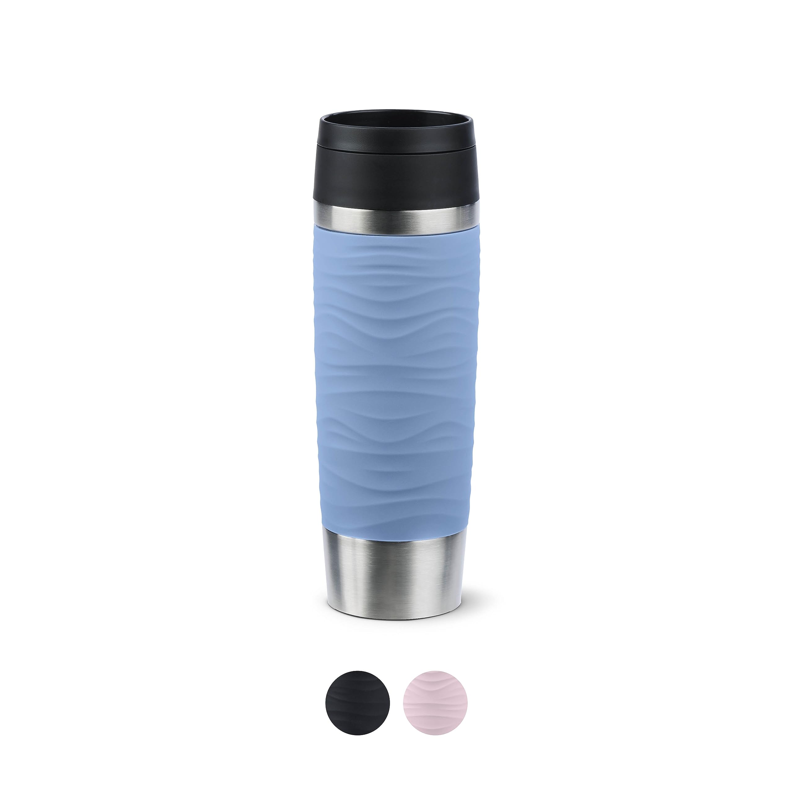 Emsa Travel Mug 500 ml Wave Thermal Mug, Comfort Screw Cap, Coffee Mug to Go, Stainless Steel, 6 Hours Hot and 12 Hours Cold, 100% Leak-Proof, Dishwasher Safe, 360° Drinking Opening, Pastel Blue,