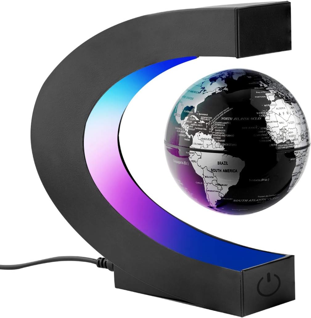 Surplex Floating World Globe with Colored LED Lights C Shape, Magnetic Field Levitation World Map Globe Gravity Educational