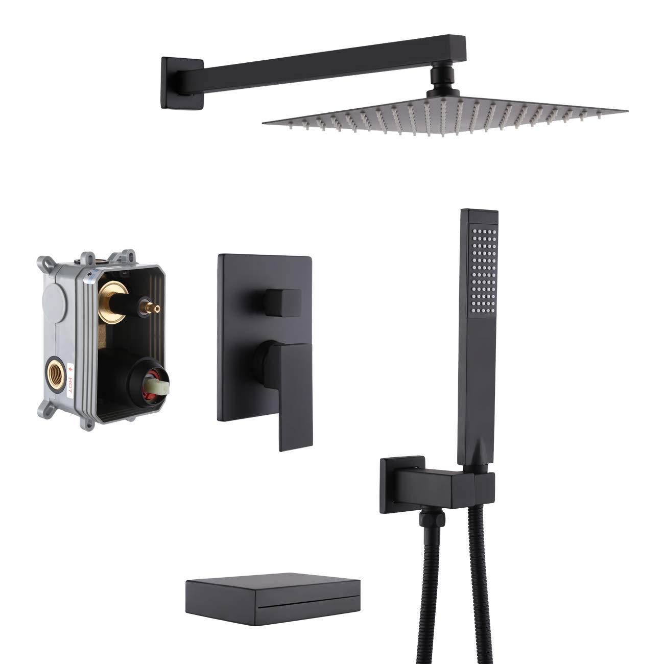 KES Shower System with Waterfall Tub Spout Pressure Balance 3-Function Shower Faucet Set Square with 10 Inch Rain Shower Head Black, XB6305-BK