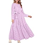 MITILLY Girls Long Sleeve Dress Elegant Floral Crew Neck Elastic Waist Formal Maxi Dresses with Belt 6-12 Years