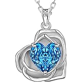 Aurora Tears Birthstone Rose Heart Pendant Necklace - 925 Sterling Silver Rose Cut Cubic Zirconia Love Necklace Anniversary Birthday Jewelry Gift for Women Wife Mom Daughter