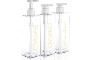 HETHYO Shampoo and Conditioner Dispenser Shower Soap Bottles 3 Pack 550ml/18.6oz Refillable Shampoo Pump Bottle Dispenser Plastic Empty Body Wash Dispensers with Stylish Permanent Labels for Bathroom (Clear)