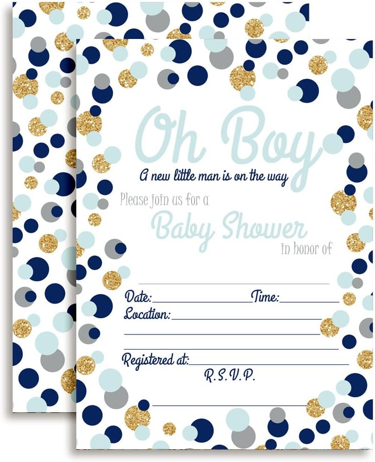 Amanda Creation Polka Dot Blue and Gold Boy Baby Shower Fill In Style Invitations. Set of 20 including envelopes