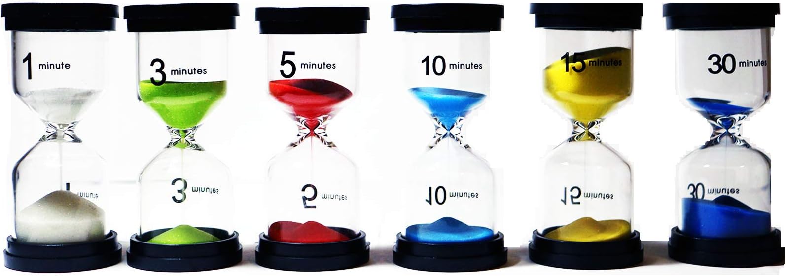 The Most Versatile Sand Timers - Perfect for Adults, Kids, Classrooms, Kitchens, or the Home/Office - With a brightly colored 6 pack ranging 1/3/5/10/15/30 minutes - By Sandman Co