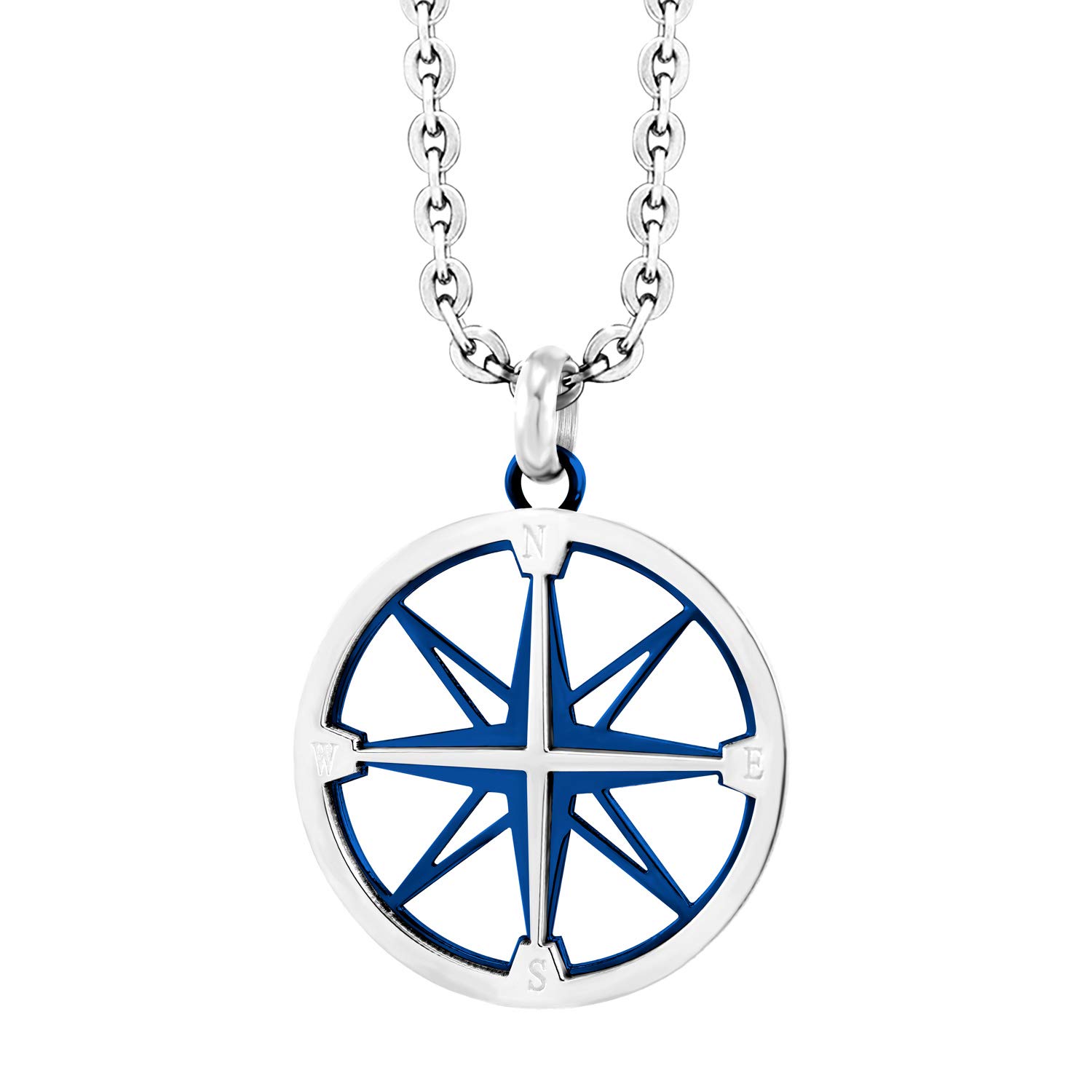 555Jewelry Unisex Stainless Steel Navigator Navigation Compass Pendant Necklace (Silver & Blue)