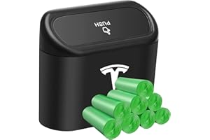 KIKIMO Tesla Trash Can with 8 Rolls of Garbage Bags, Mini Tesla Model 3/Y/S/X Accessories, Bin Storage Box, Leak-Proof Car Trash Can with Lid