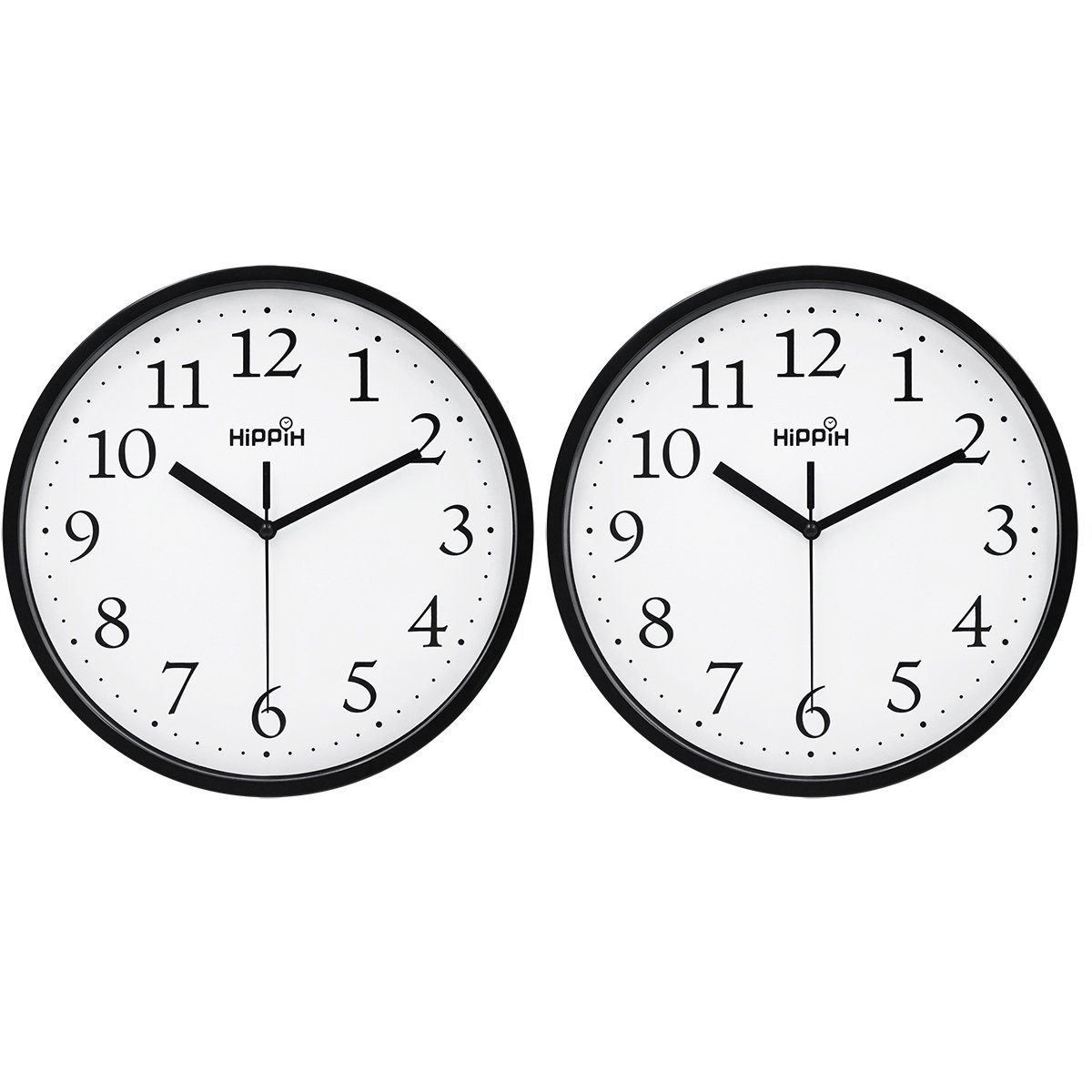 Hippih Black Wall Clock Silent Non Ticking Quality Quartz, 10 Inch Round Easy to Read For Home Office School Clock 2 pack