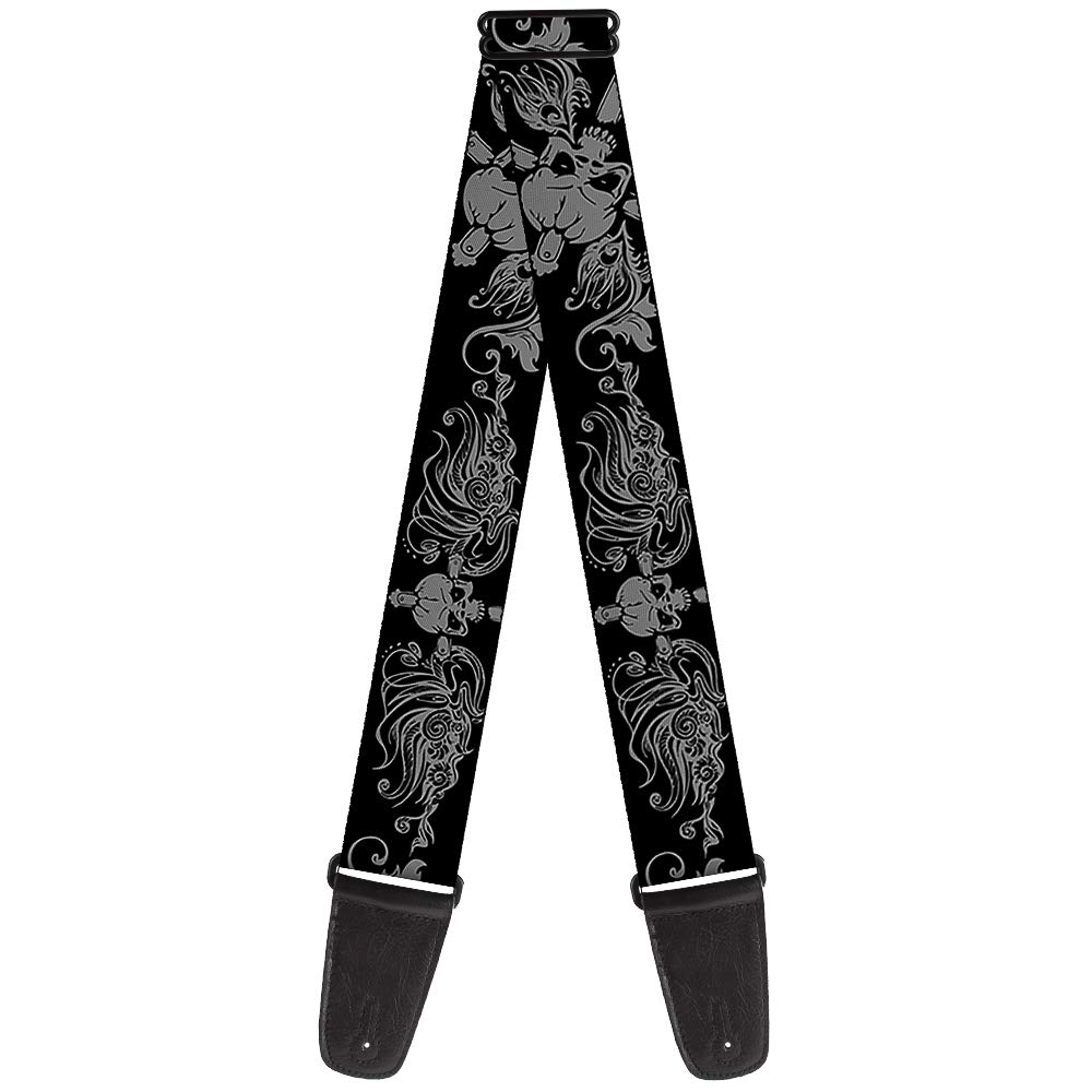 Buckle-Down GS-W31942 Grey Skull Cross Artistic Design On Black Guitar Strap