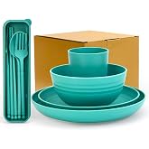 4pcs Unbreakable Wheat Straw Dinnerware Sets with Cutlery Set, Reusable Lightweight Green Microwave Dishwasher Safe Tableware for Travel，Camping，Kitchen,RV,Apartment,Dorm,Party