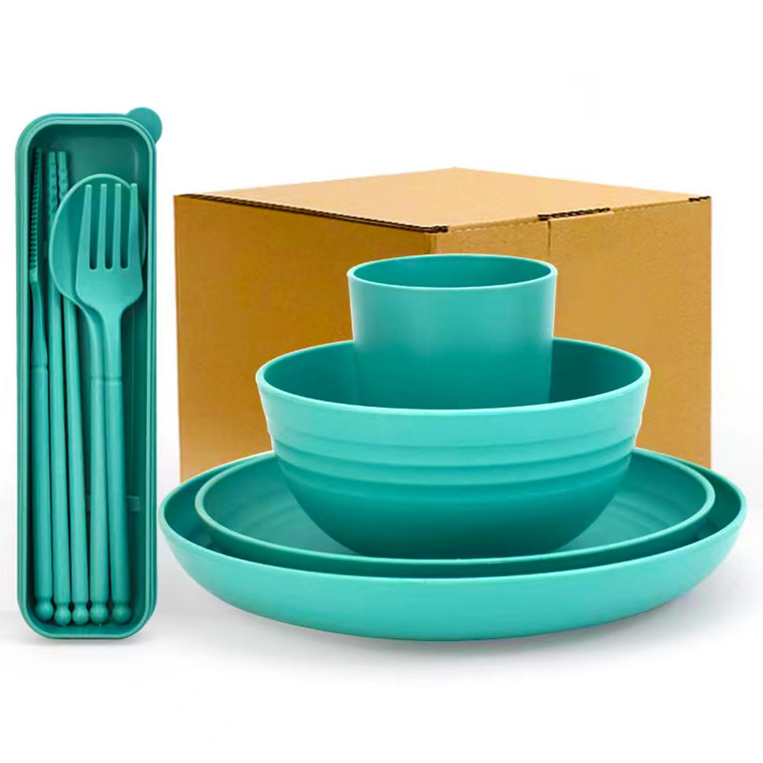 Photo 1 of ***(only 1 set)***4pcs Unbreakable Wheat Straw Dinnerware Sets with Cutlery Set, Reusable Lightweight Green Microwave Dishwasher Safe Tableware for Travel?Camping?Kitchen,RV,Apartment,Dorm,Party