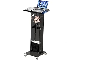 RexTact Acrylic Podium Stand，49“ Tall Portable Podium with Lockable Wheels, Black lecterns & Podium with Storage Shelf for Classroom, Pulpit Podium for Church,Wedding,Presentation