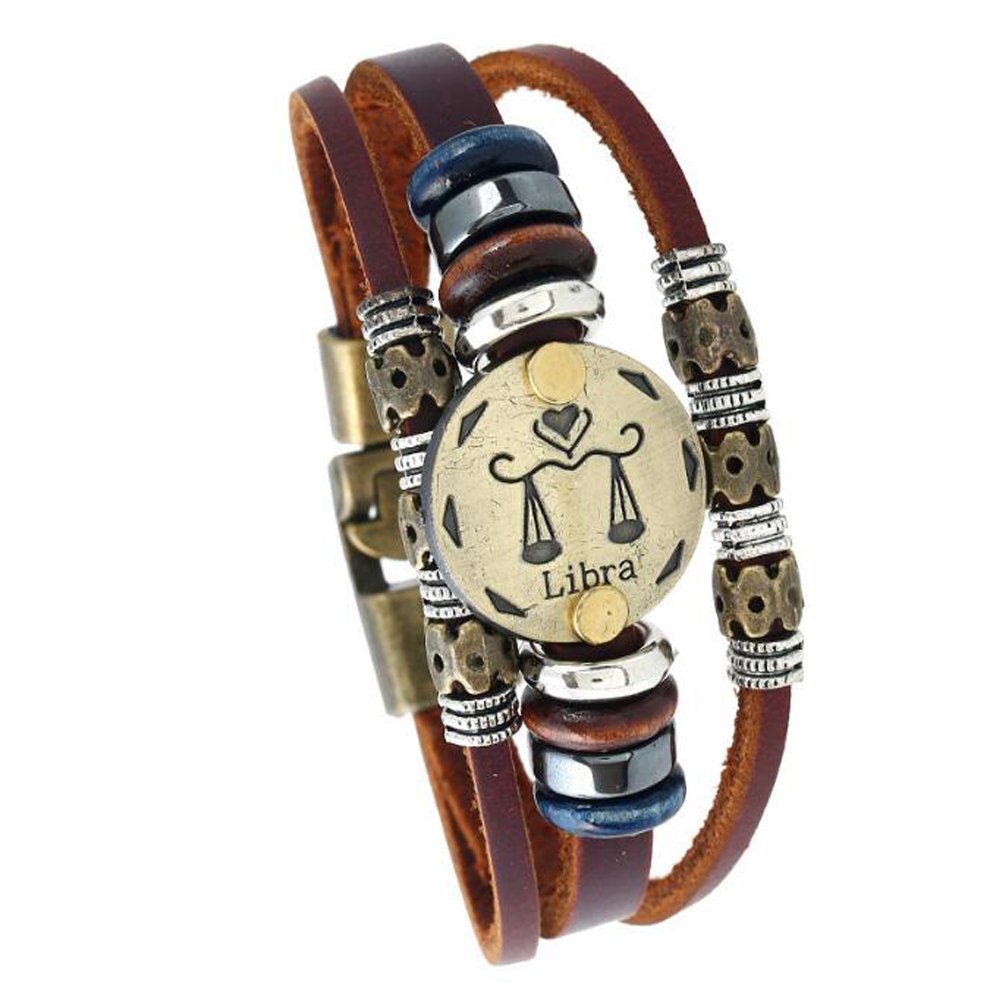 MeiPing Astrology Zodiac Constellation Charm Leather Bracelet, One Size, Leather