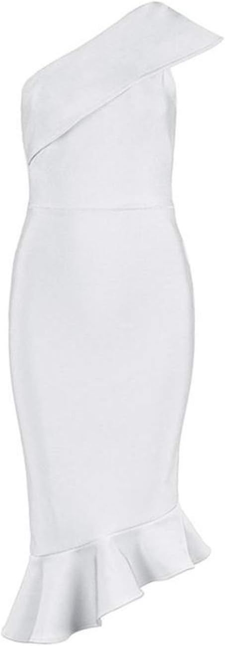 Summer Women Bandage Dresss One Shoulder Sleeveless Ruffles Nightclub Dress,White,L