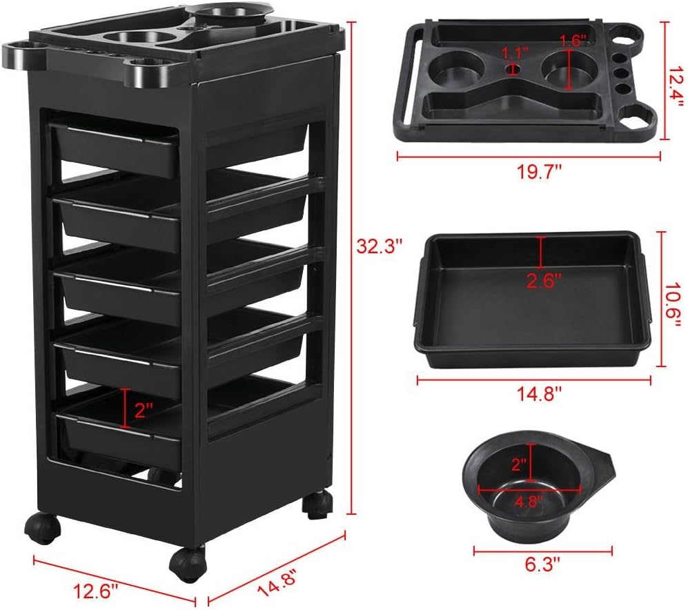 Yaheetech Salon SPA Beauty Hairdressing Rolling Trolley Cart with 5 Drawers Hair Dryer Service Tray Tool Storage Cart Black: Furniture & Decor