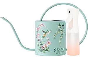 GRACE AND AUGUST Watering Can for Indoor House Plants - Cute Decorative Metal Gardening Small Water Can for Houseplants & Flowers with Long Spout - 1.5L 51floz 0.4 Gallon (Hummingbird Sage)