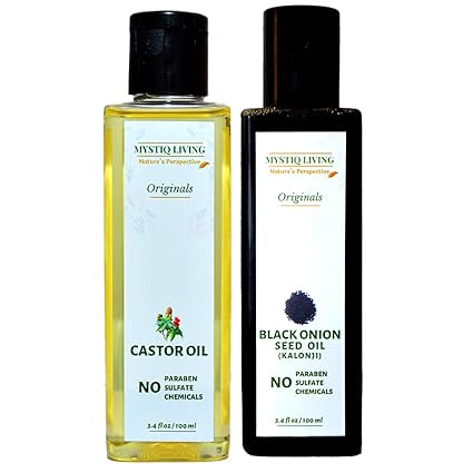 Mystiq Living Combo - Onion Black Seed - Kalonji Oil & Castor Oil, 200ML (Pack of 2) - 100ML Each | Hair Growth | 100% Pure & Natural