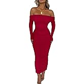 PRETTYGARDEN Women's Fall Off The Shoulder Maxi Dress Spring Long Sleeve Ruched Fitted Bodycon Club Dresses with Slit
