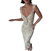 Milumia Women's Floral Tie Front Ruffle Trim Long Dress Summer V Neck Sleeveless Bodycon Maxi Dresses