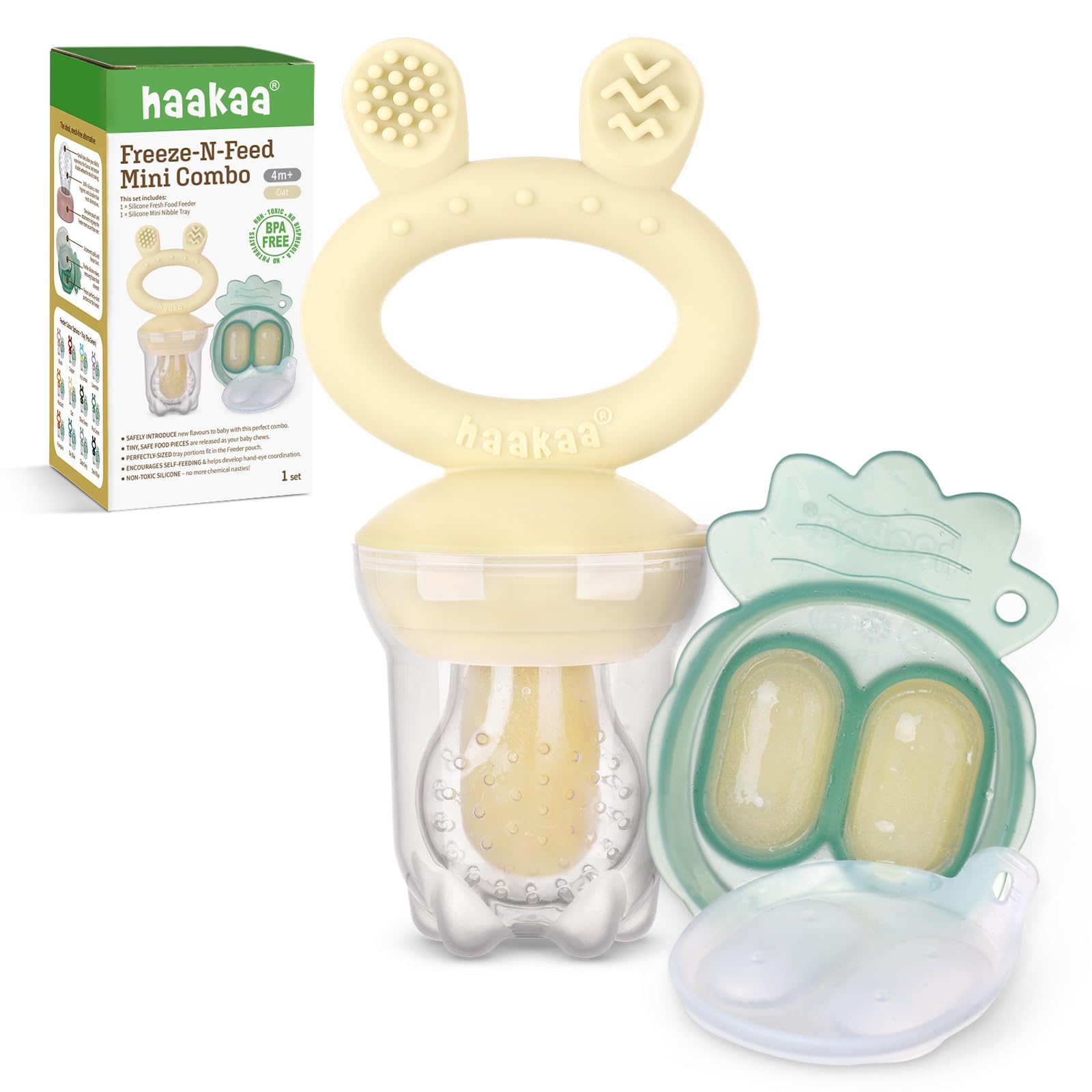 Photo 1 of Haakaa Baby Fruit Food Feeder & Mini Freezer Nibble Tray Combo, Breastmilk Popsicle Molds for Baby Cooling Relief, BPA Free Silicone Feeder for Safe Infant Self Feeding, 4 Month+ (Oat)