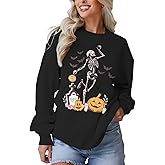 AG AGUU Womens Halloween Sweatshirts Dancing Skeleton Shirts Spooky Season Pumpkin Printed Pullover Oversized Tees Tops