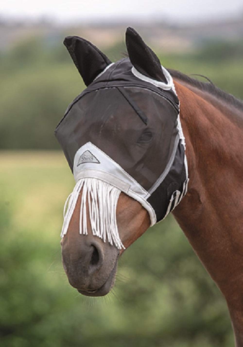 Shires Fine Mesh Horse Equine Fly Mask with Ears and Nose Fringe 60 UV