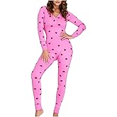iTranyee Women Bodycon Pajama Jumpsuit V Neck Heart Print Onesie Pajama Sexy One Piece Button Down Valentines Bodysuit