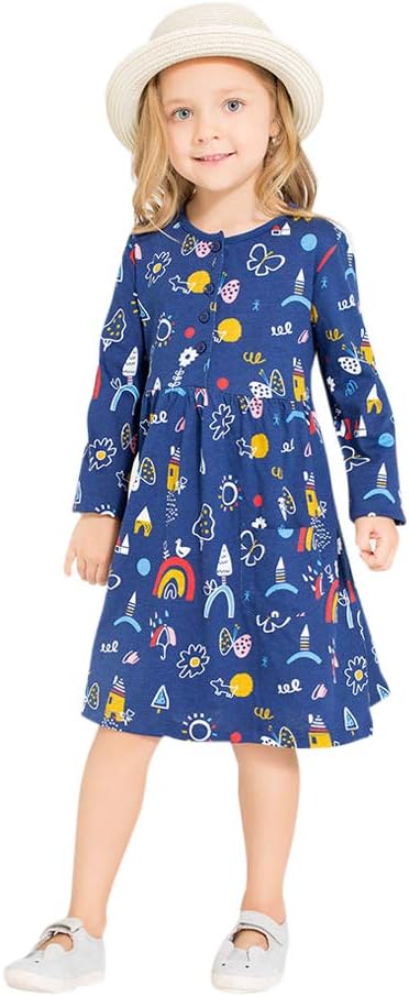 Gold Treasure by Hopscotch Girls' Cotton Art Print Full Sleeves Casual Dress in Navy