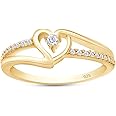 AFFY 1/10 Carat CT Round Moissanite, Lab Grown Diamond & White Natural Diamond Bypass Heart Promise Ring 14k Gold Over Sterling Silver (0.10 Cttw), Gift For Her