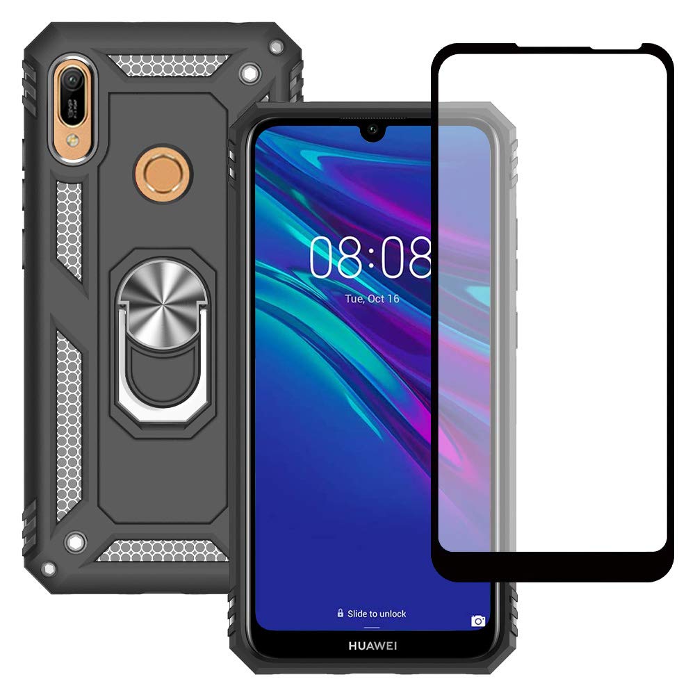 Yiakeng Huawei Y6 2019 Phone Case with Screen Protector, Silicone Shockproof Military Grade Protective Phone Cover with Ring Kickstand for Huawei Y6 2019 (Black) — image 1