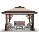 CROWN SHADES 13x13 Pop Up Gazebo, Clearance Canopy Tent,Beige &amp; Coffee | Outdoor Gazebo for Backyard &amp; Patio Furniture - Carpa Pop Up Tent with Wheeled STO-N-Go Cover Bag
