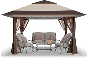 CROWN SHADES 13x13 Pop Up Gazebo, Canopy Tent, Gazebos on Clearance - Outdoor Gazebo for Backyard & Patio Furniture - Carpa Pop Up Tent with Wheeled STO-N-Go Cover Bag (Beige & Coffee)