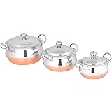 Indian Gifts Store PREMIUM Stainless Steel 3Pcs Handi Cookware Set - Copper Bottom