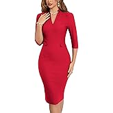 MUXXN Women's 1950s Retro 3/4 Sleeve V Neck Midi Sheath Vintage Cocktail Work Pencil Dresses