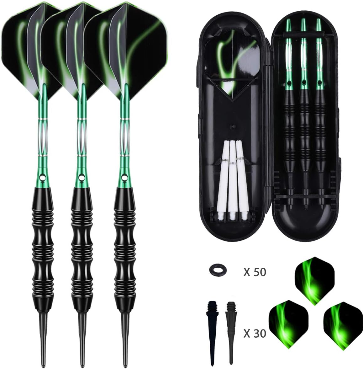 sanfeng Soft Tip Darts Set 18/20 Grams W/ 50 O-Rings - Green/Purple/Red Aluminum Shafts + 6 Standard Flights + 3 Frosted White Shafts + 30 Soft Tips + Portable Case for Electronic Dart Board