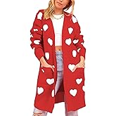 HOULENGS Women's Cute Heart Long Cardigan Sweaters V Neck Ribbed Knit Open Front Sweater Coats with Pockets