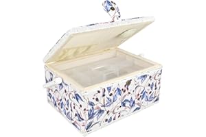 COMFECTO Sewing Basket with Blue Red Floral Print Design, Empty Vintage Sewing Box for Sewing Supplies with Removable Tray Built-In Pin Cushion Interior Pocket