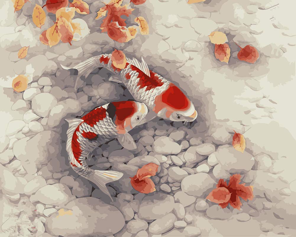 Paint by Numbers for Adults Children, Koi Goldfish Pond 16x20 Inch Linen Canvas Acrylic DIY Number Painting Kits Wall Art Decor Gifts (Without Frame)