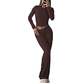 YETOWA Women's 2 Piece Lounge Set Long Sleeve Crop Top and High Waisted Flare Pants Soft Knit Loungewear Outfit