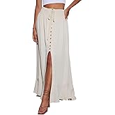 Orchidays Women's Maxi Skirt Flowy Summer Long Skirts Tie Elastic Waist Button Up Slit Front Dresses