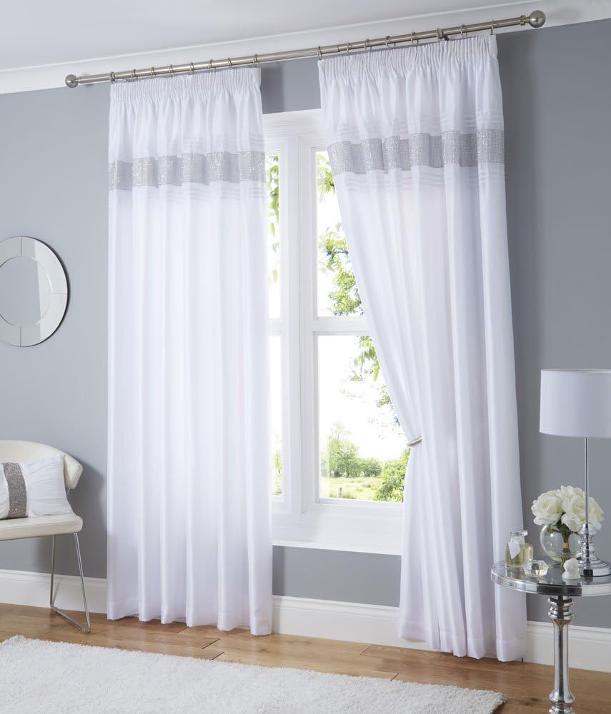 HOMEMAKER BEDDING 46 x 72 WHITE & SILVER DIAMANTE LINED CURTAINS PENCIL PLEAT TAPE TOP OPULENCE