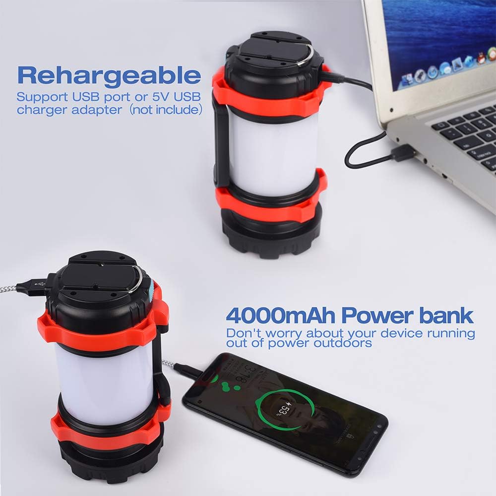 YIERBLUE Camping Lantern, Rechargeable LED Lantern IPX4 Waterproof 1000lm Lantern Flashlights, 4 in 1 Multifunctional Camping Light Spotlight as Emergency Power Bank, 4000mAh Long Running - - 