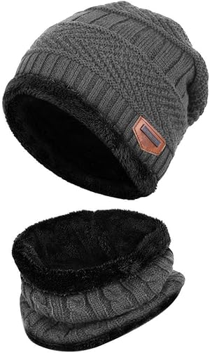 VBIGER Kids Winter Hat and Scarf Set Warm Knit Beanie Cap and Circle Scarf with Fleece Lining for Children Boys Girls