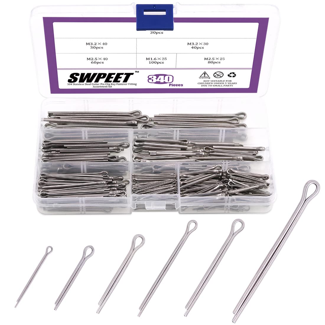 Swpeet 340Pcs Stainless Steel Cotter Pin Assortment Kit - Corrosion Resistant, Heavy Duty, Wide Applications - Includes Storage Case