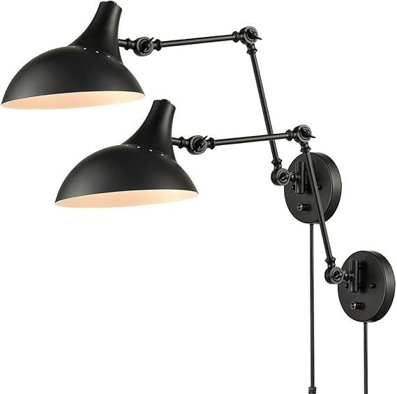 Industrial Matte Black Swing Arm Wall Lamps Plug in Wall Lights, 2 Pack